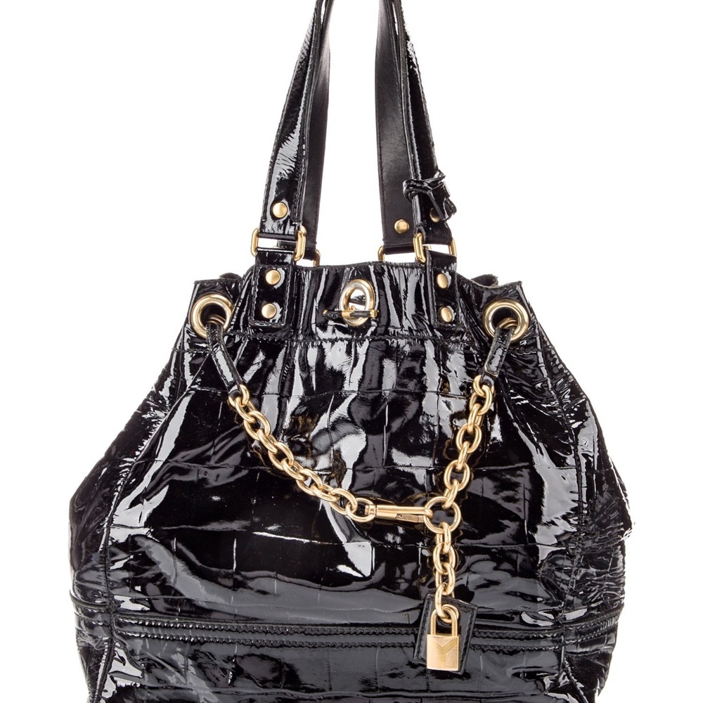Yves Saint Laurent YSL Handbag Croc Embossed Black Patent Leather Chain Lock
